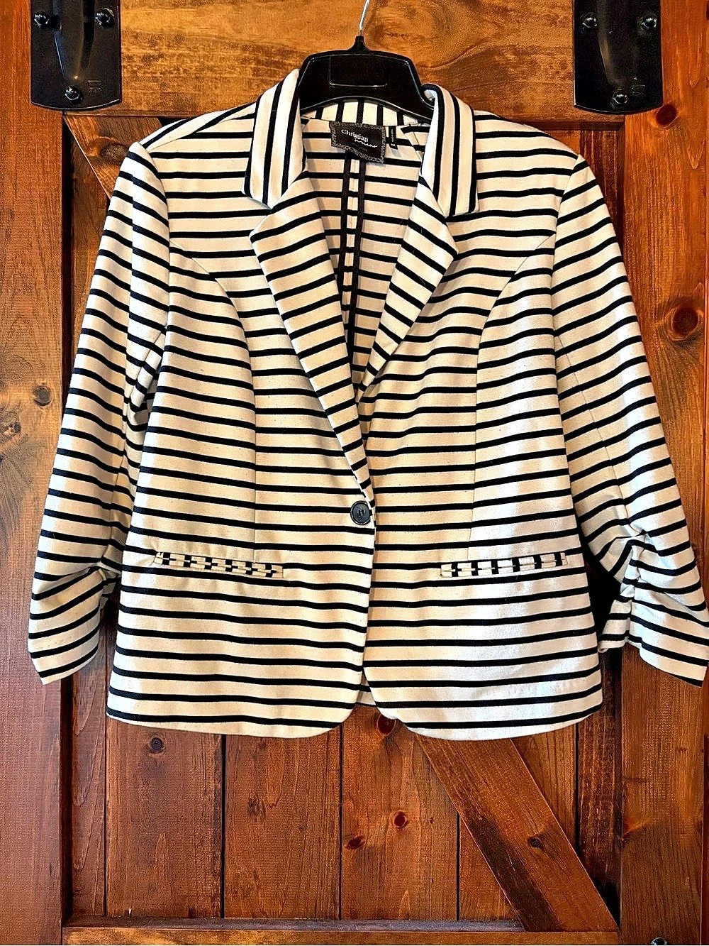 Christian Siriano Black & Cream 3 Quarter Sleeve Striped Blazer Medium